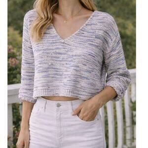 Madewell Cropped Sweater Textured Knit V Neck Blue Cream Women XL
